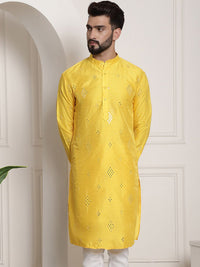 SOJANYA Embellished Mirror Work Detailed Band Collar Cotton Silk Kurta