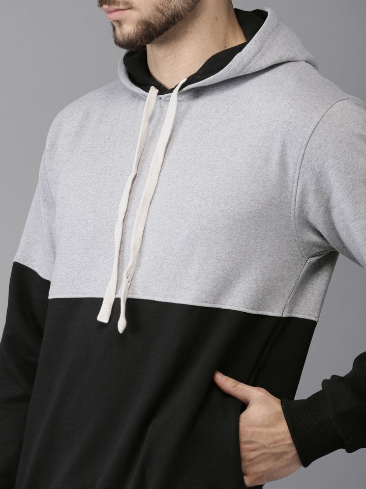 Campus Sutra Men Black & Grey Colourblocked Hooded Sweatshirt