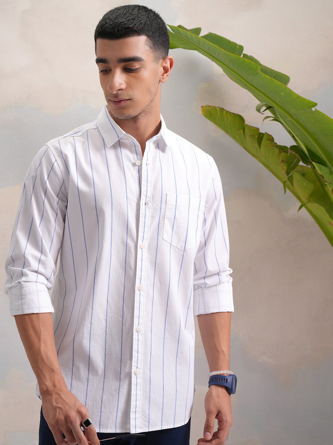 HIGHLANDER Classic White Slim Fit Vertical Striped Spread Collar Cotton Casual Shirt