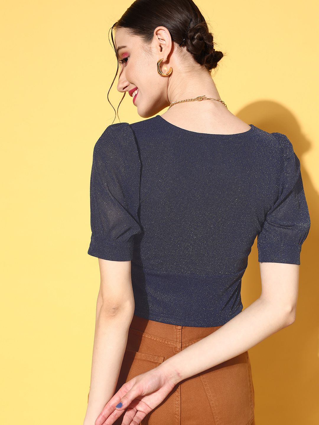 Antheaa Women Stunning Navy Blue Solid Volume Play Top
