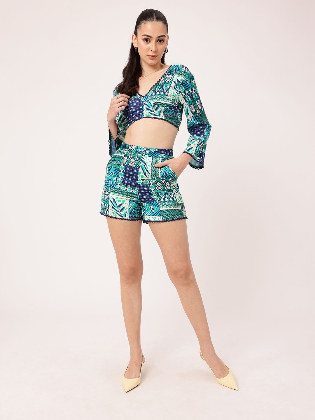 DressBerry Bohemian Bliss Printed Satin Finish Crop Top With Shorts