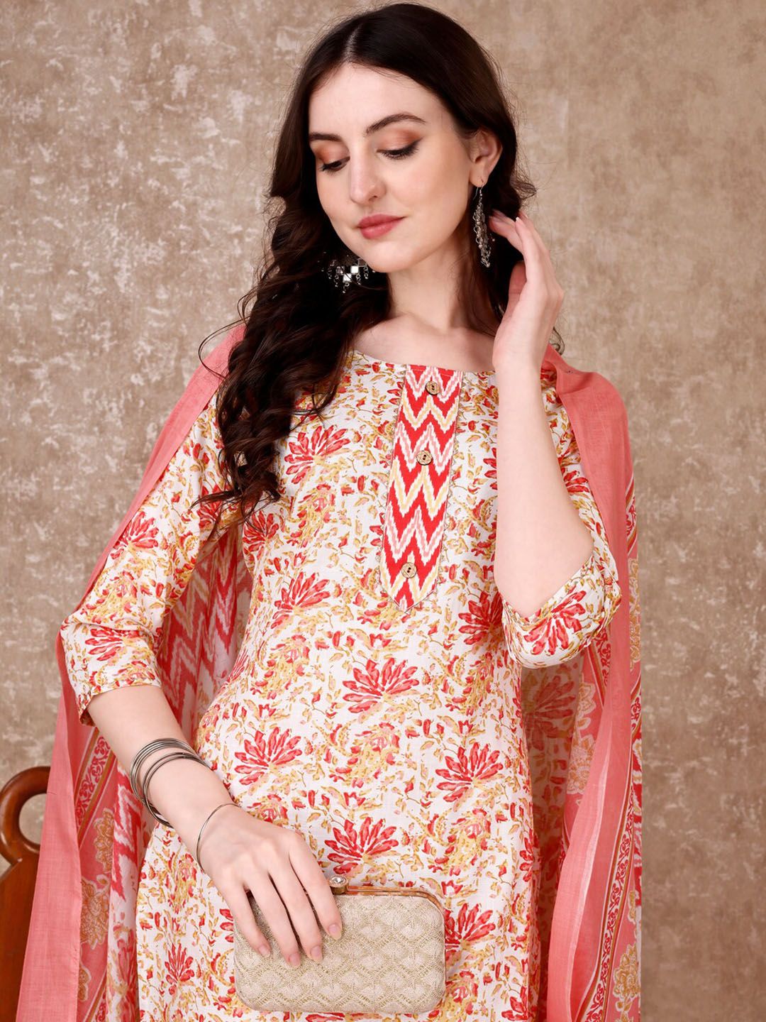 KALINI Floral Printed Regular Straight Kurta With Trousers & Dupatta