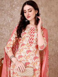 KALINI Floral Printed Regular Straight Kurta With Trousers & Dupatta
