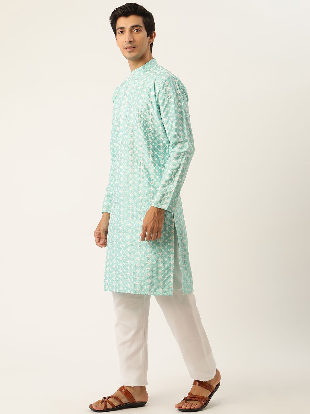 SOJANYA Men Sea Green & White Woven Design Kurta with Pyjamas & Nehru Jacket