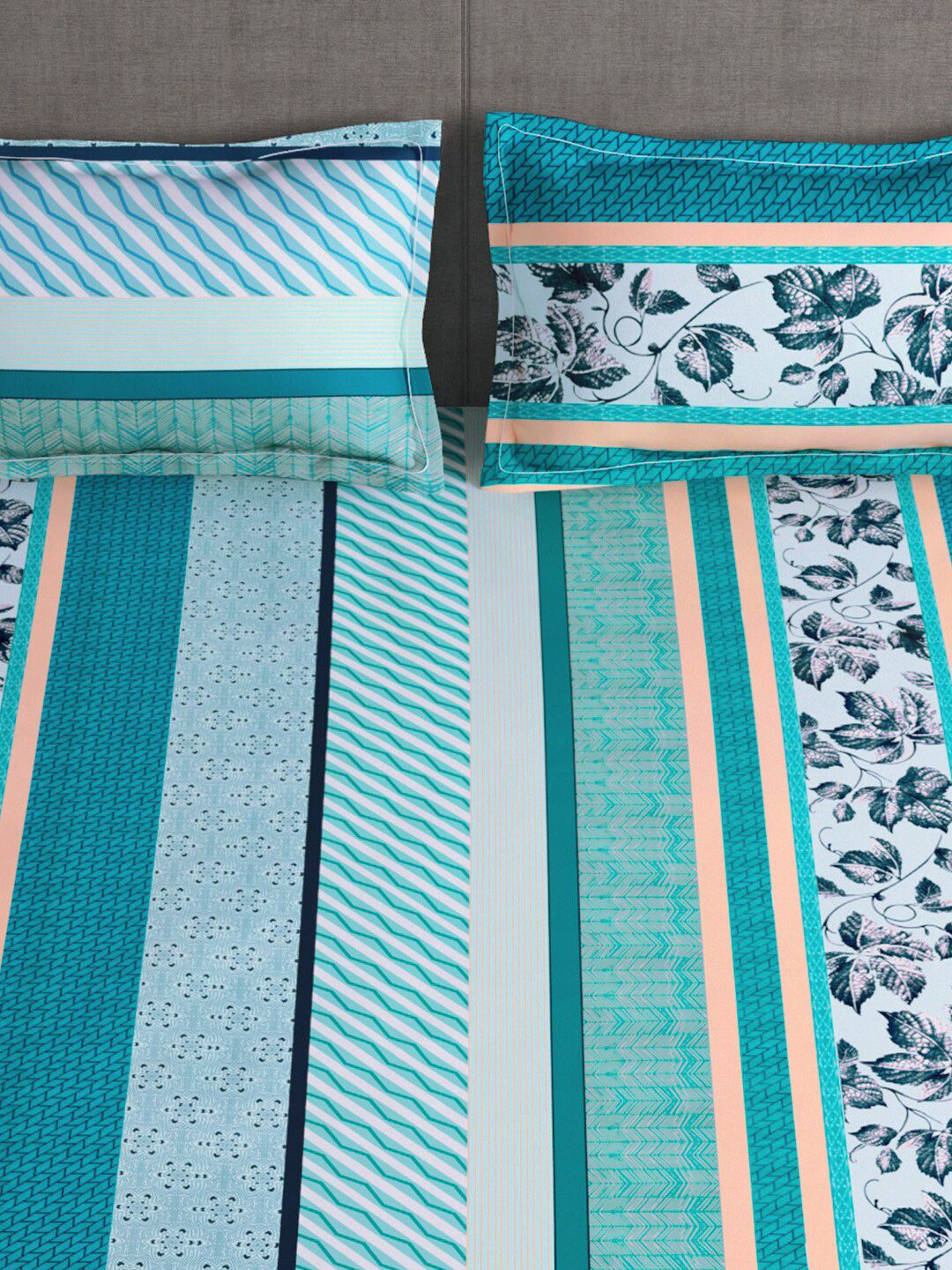 Story@home Tango Blue & Black Floral Microfiber King Bedsheet with 2 Pillow Covers