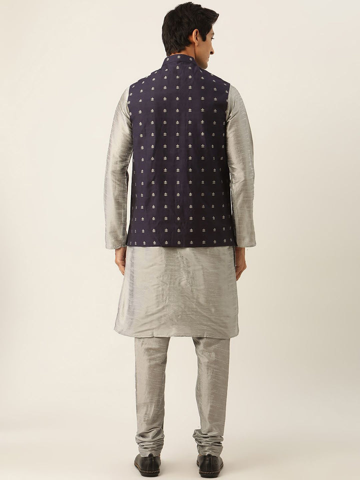SOJANYA Men Grey & Navy Blue Self-Design Kurta with Churidar & Nehru Jacket