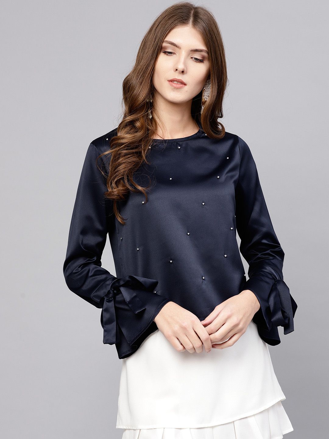 STREET 9 Women Navy Blue Satin Embellished Top
