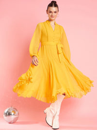Antheaa Yellow V-Neck Wrap Bishop Sleeves Fit & Flare Midi Party Dress