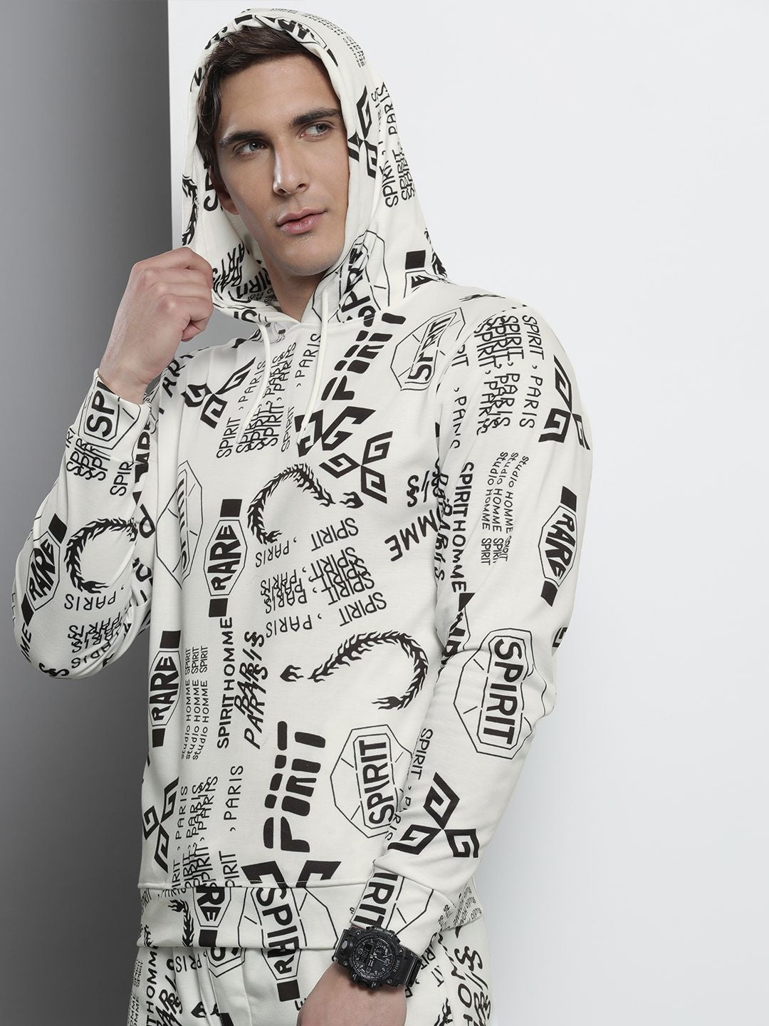 The Indian Garage Co Men White Printed Hooded Sweatshirt