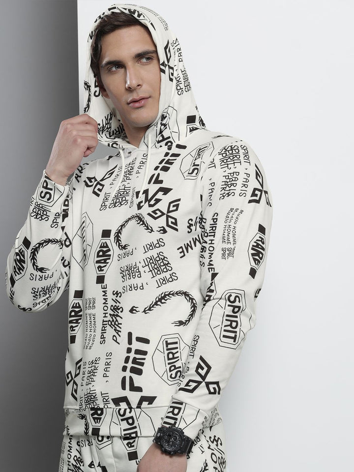 The Indian Garage Co Men White Printed Hooded Sweatshirt