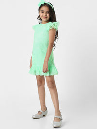 Nauti Nati Girls Green Mesh Embellished Sequin Party Frock With Headband