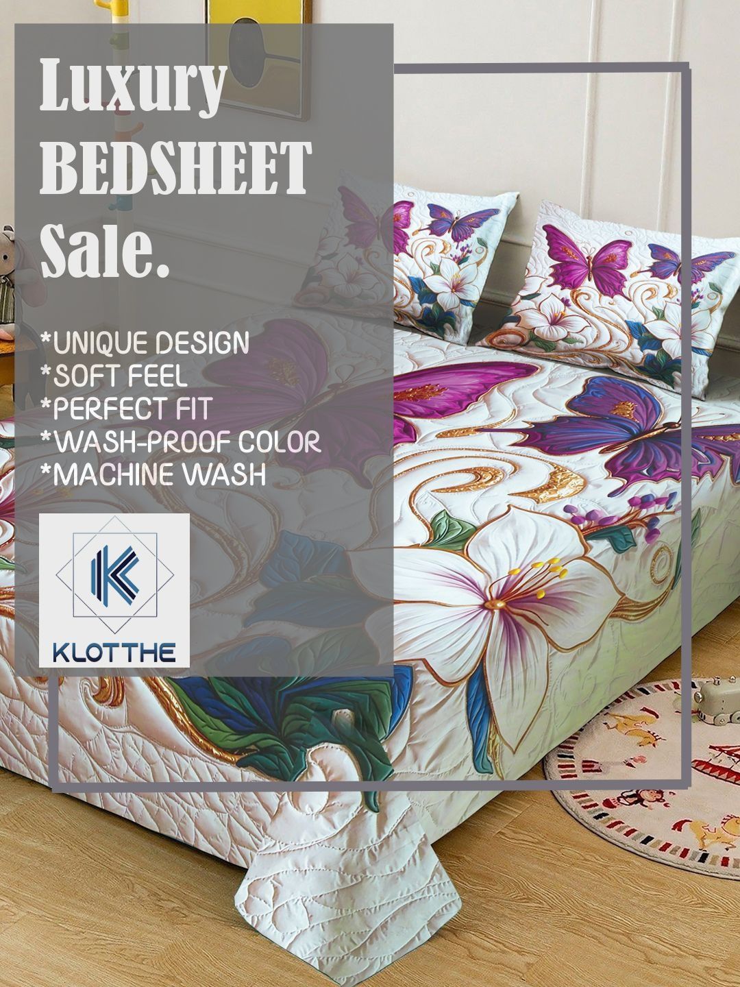 KLOTTHE White & Purple Printed 400 TC Double Bedsheet With 2 Pillow Covers-98.4 x 88.5Inch