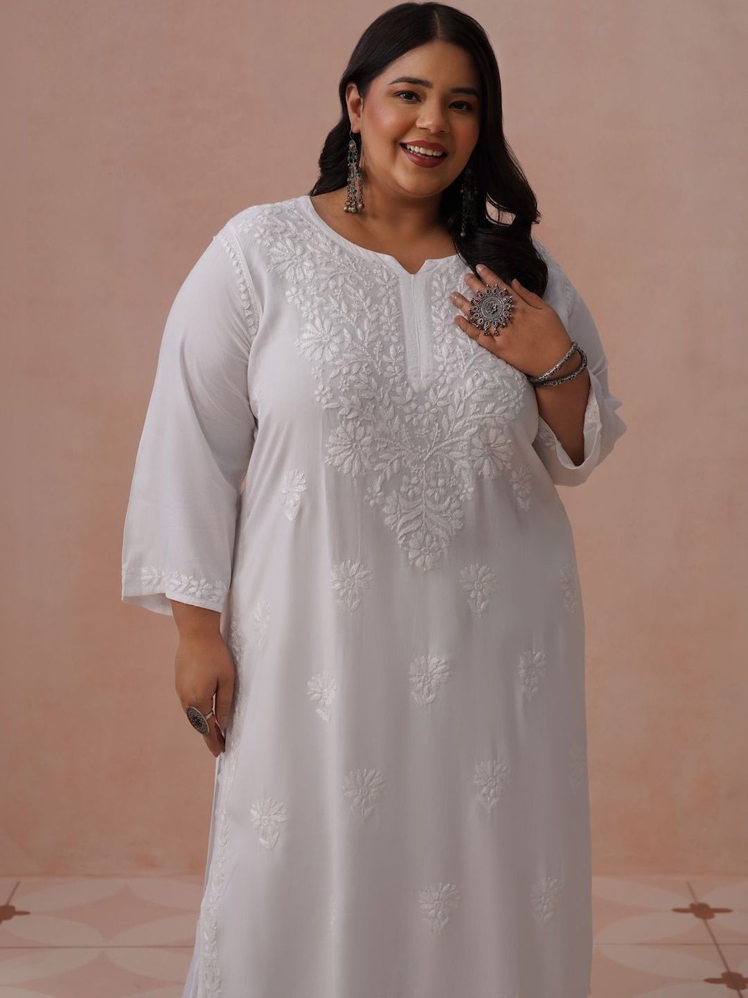 House of Chikankari Ethnic Motifs Viscose Rayon Straight Calf Length Kurta