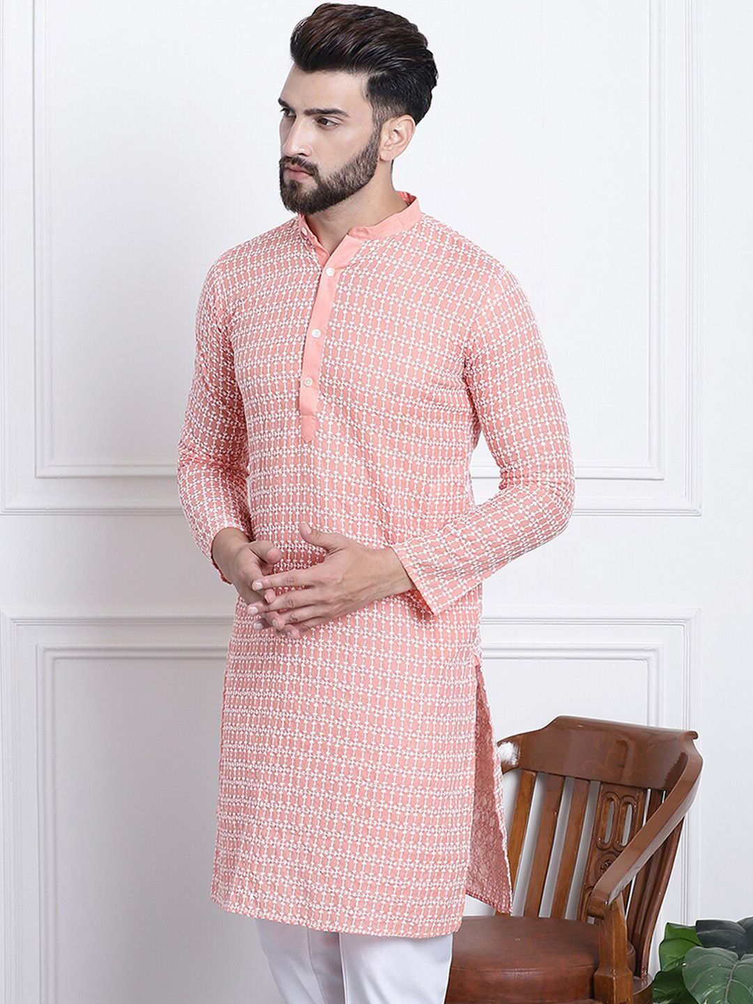 SOJANYA Kolar Mandarin Sulam Bunga Pure Cotton Kurta Lurus