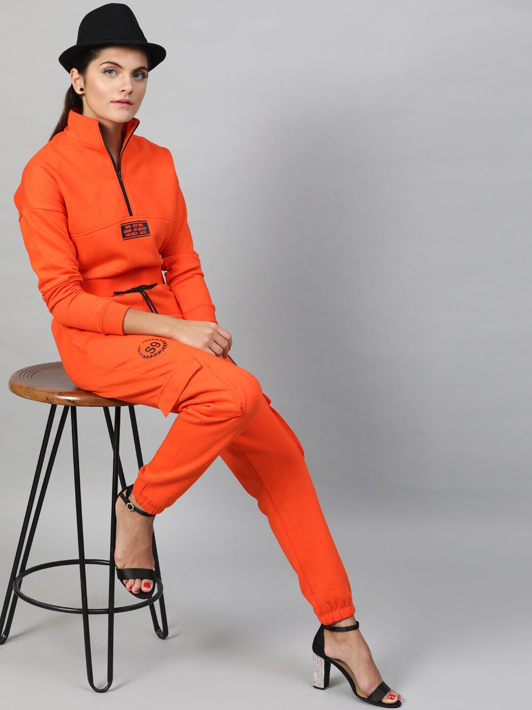 STREET 9 Women Orange & Black Regular Fit Printed Cargos