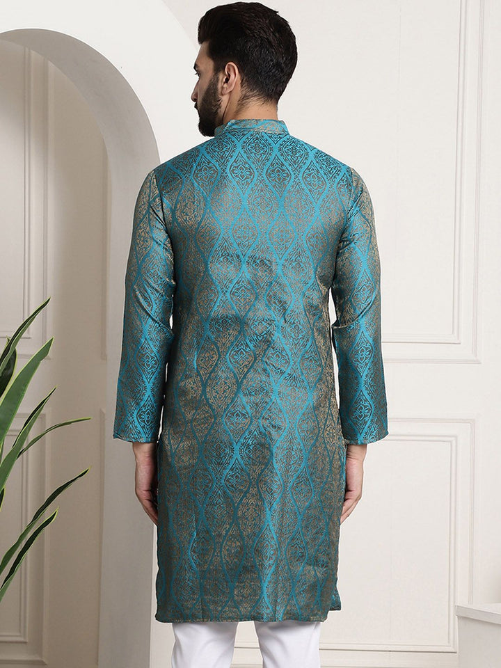 SOJANYA Men Teal & Gold-Toned Jacquard Kurta