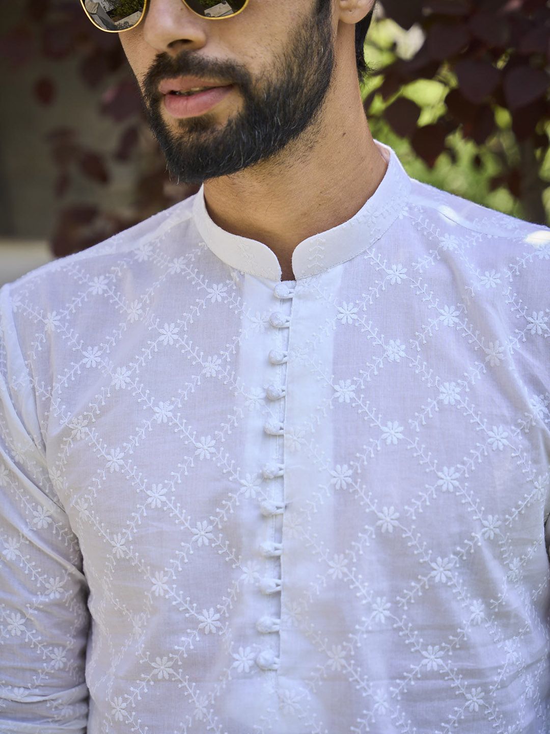 See Designs Mandarin Collar Floral Embroidered Chikankari Pure Cotton Kurta
