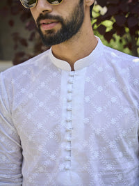 See Designs Mandarin Collar Floral Embroidered Chikankari Pure Cotton Kurta