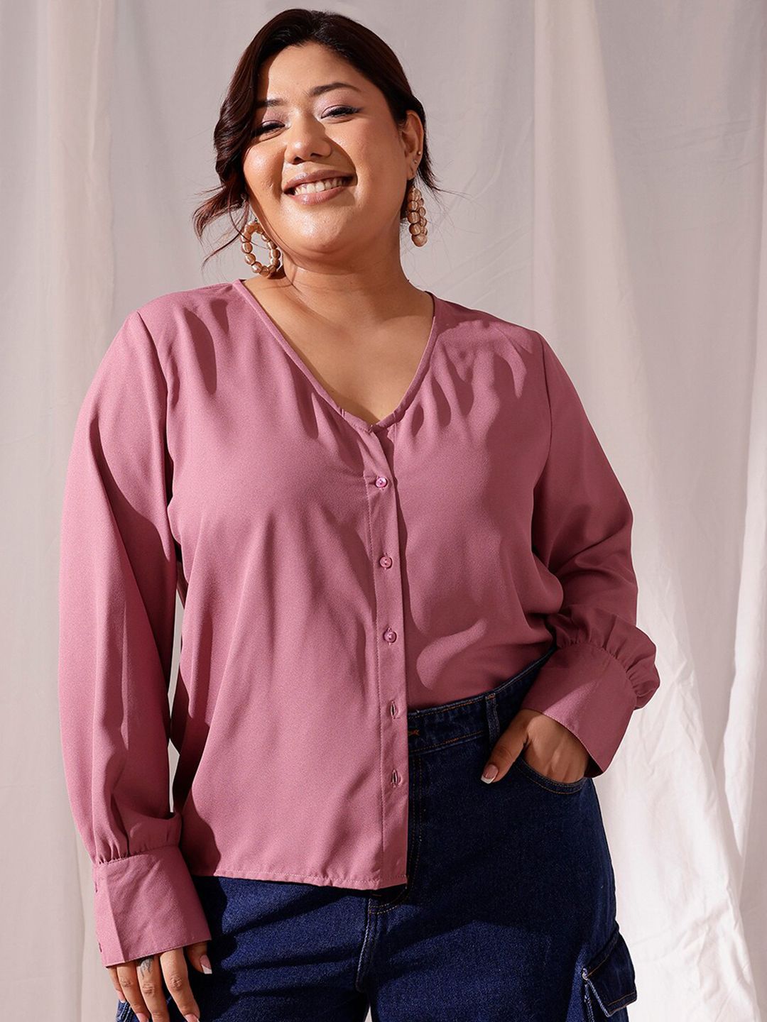 CURVY STREET Self Design Cuffed sleeves Shirt Style Top