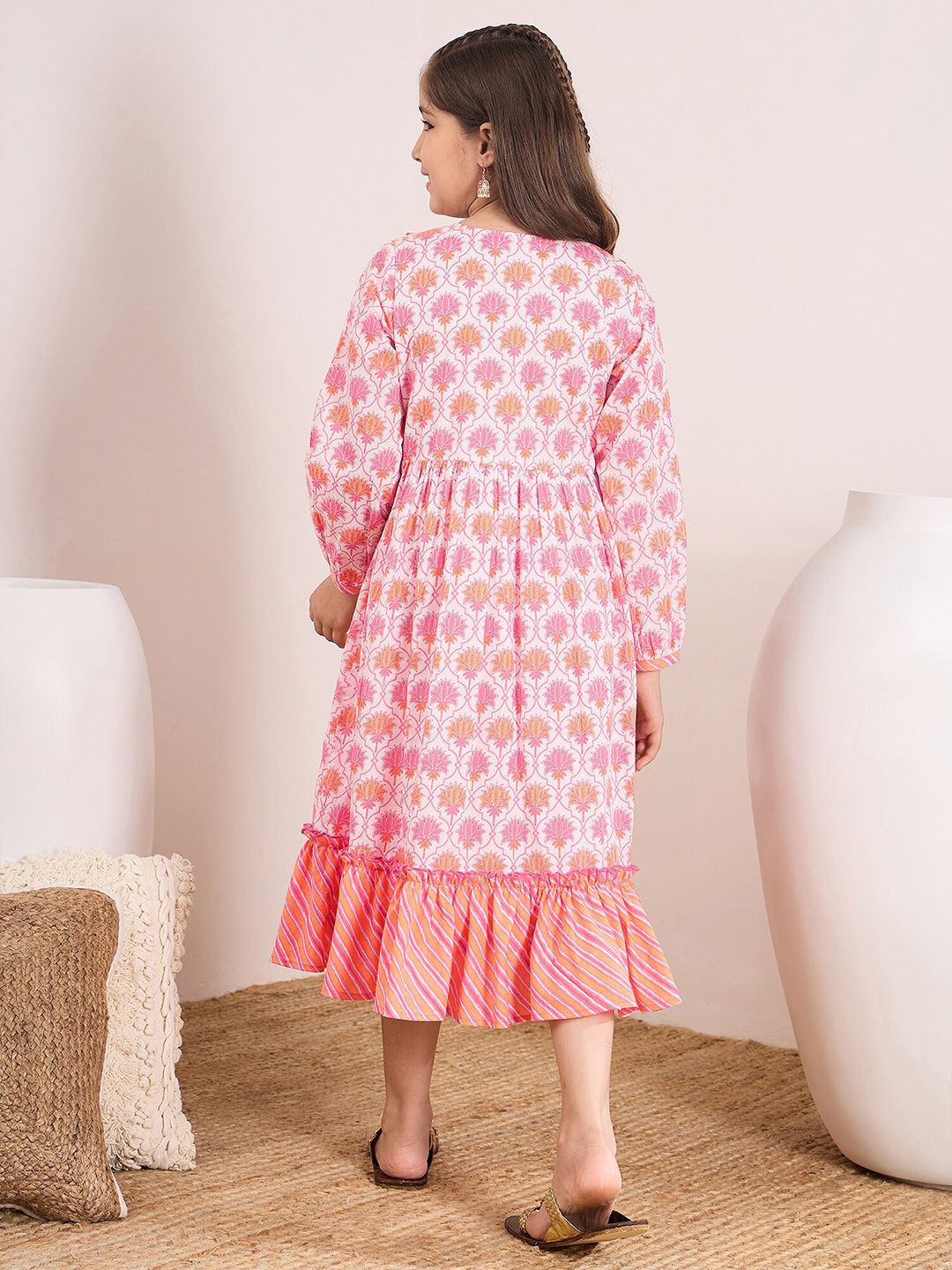 pspeaches Floral Printed Tie-Up Neck Cotton Fit & Flare Midi Dress