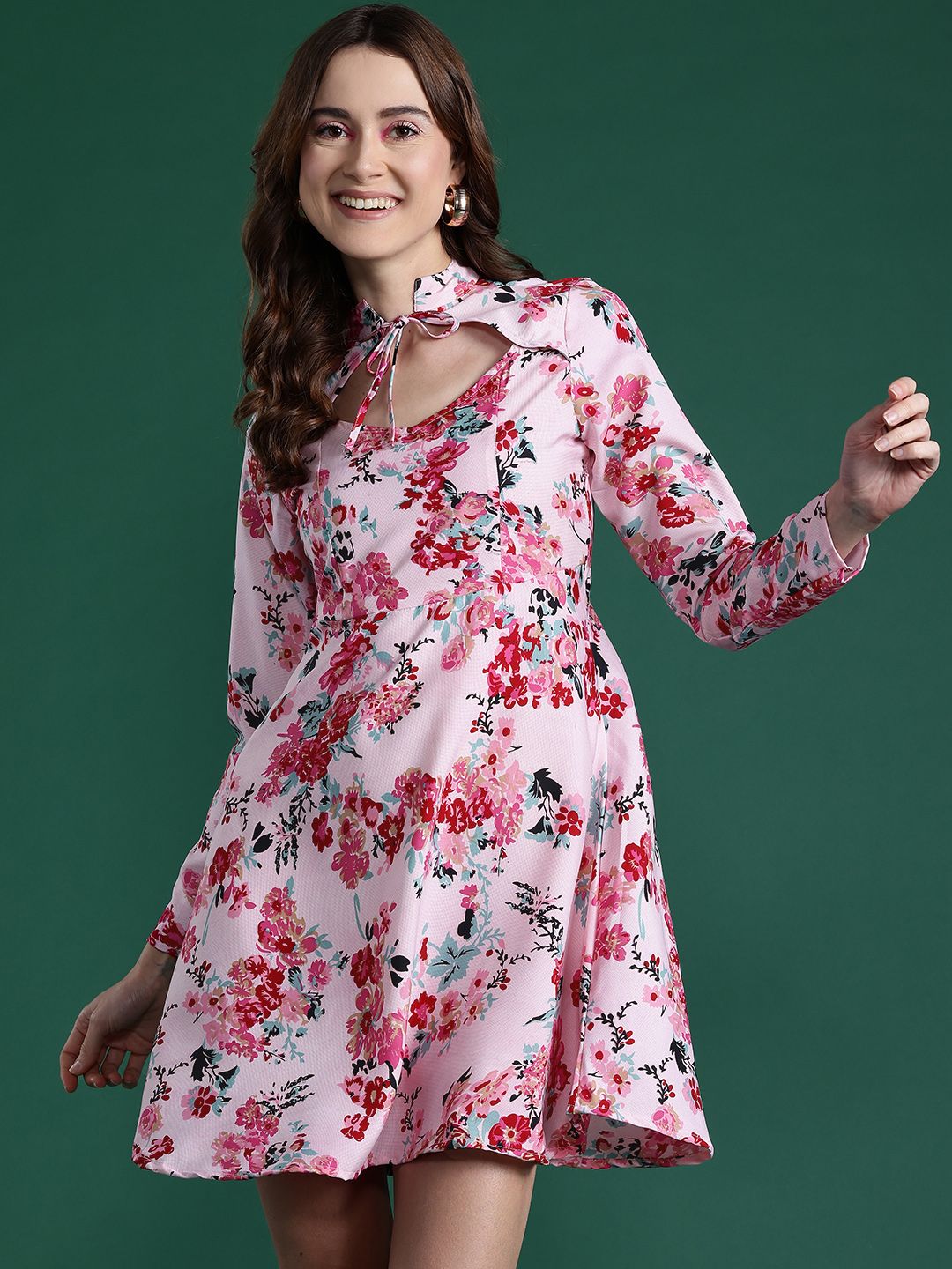DressBerry Floral Print Tie-Up Neck A-Line Mini Dress