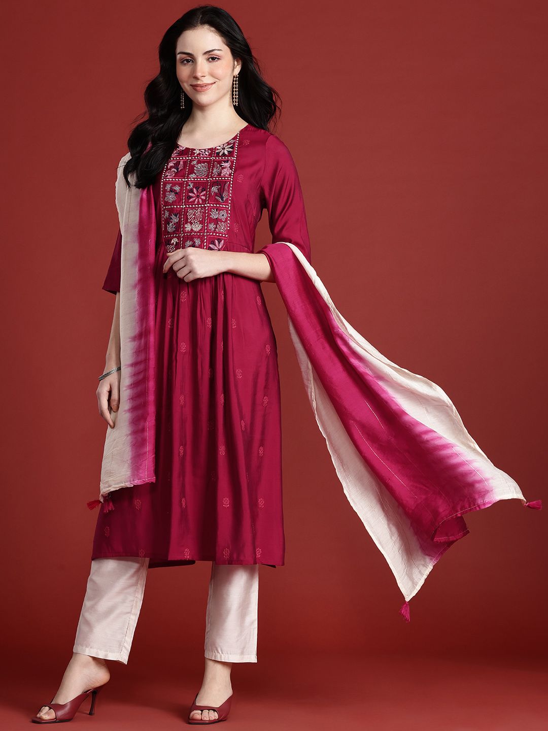 Anouk Floral Yoke Design Empire Style A-Line Kurta with Trousers & Dupatta