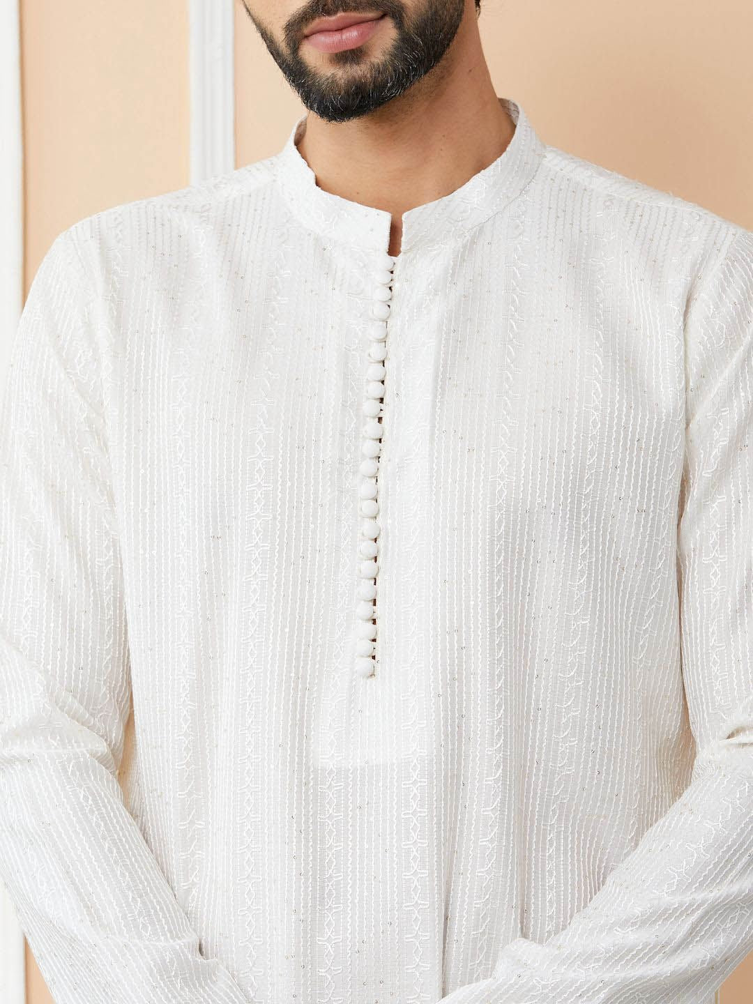 See Designs Striped Mandarin Collar Thread Work Chanderi Silk Straight Kurta With Trousers