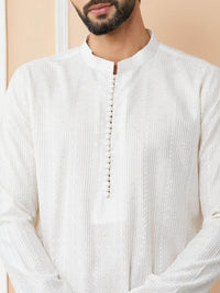 See Designs Striped Mandarin Collar Thread Work Chanderi Silk Straight Kurta With Trousers