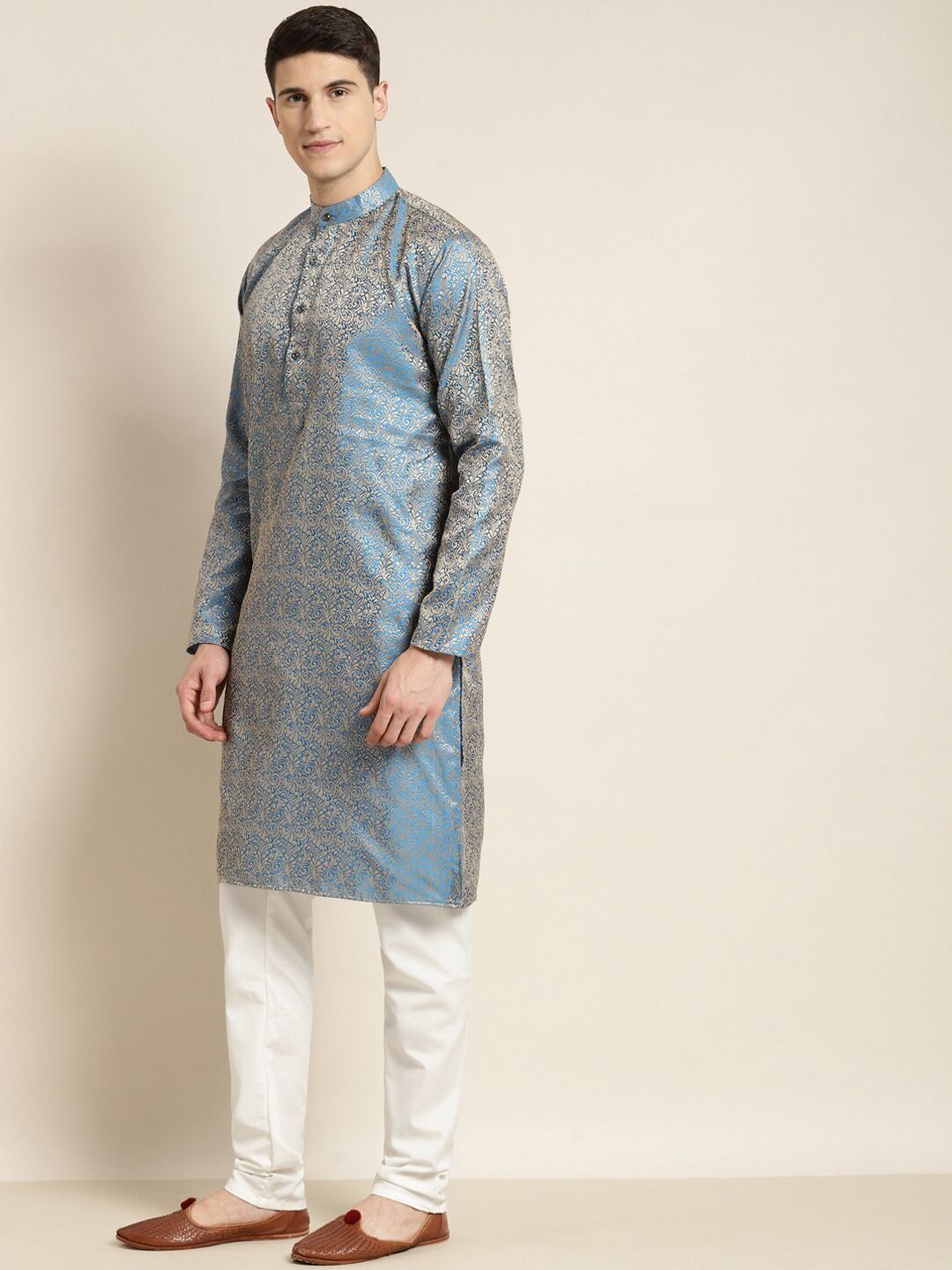 SOJANYA Floral Woven Design Kolar Mandarin Silk Jacquard Kurta With Churidar