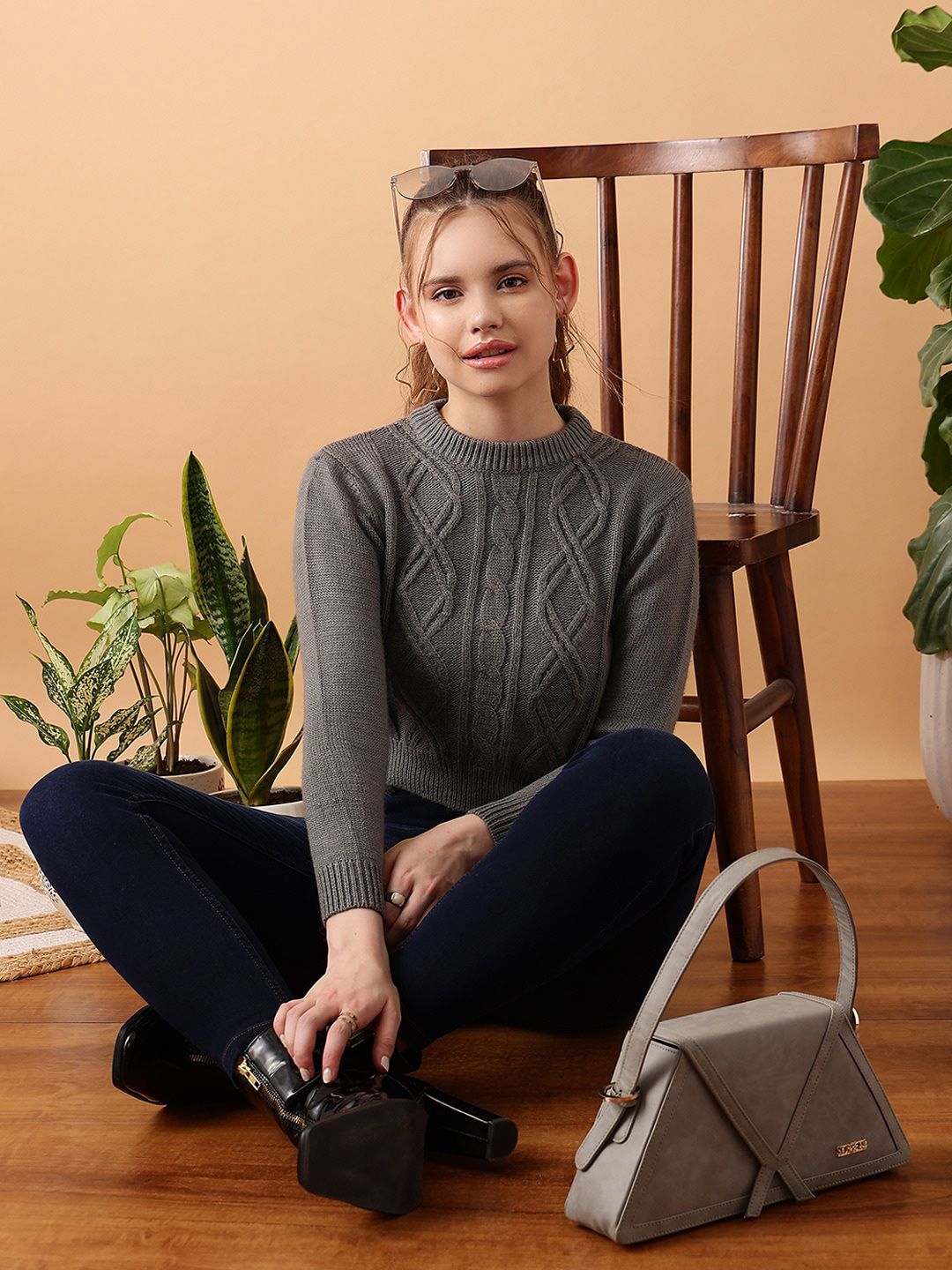 STREET 9 Cable Knit Crop Acrylic Sweater