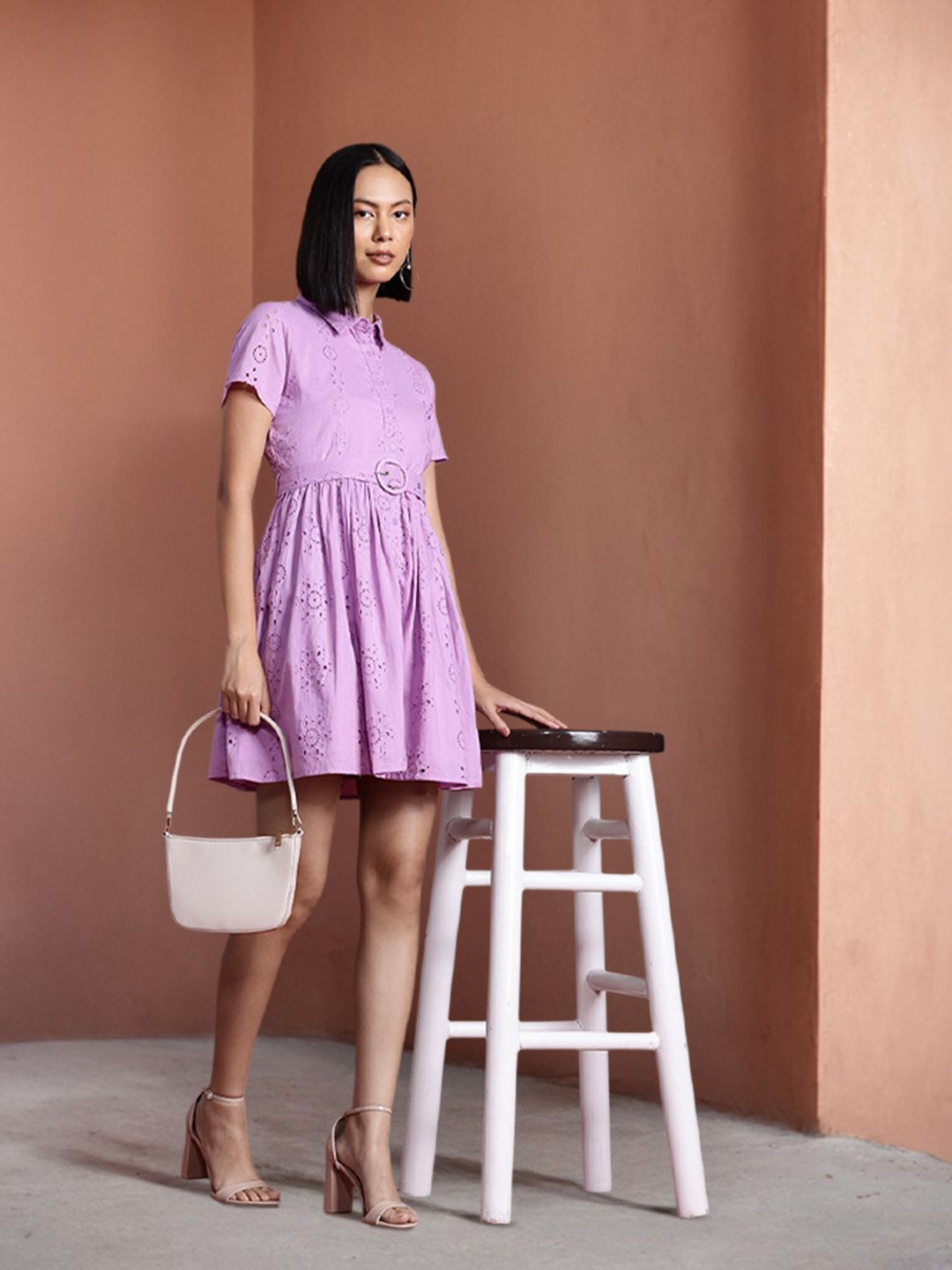 all about you Pure Cotton Schiffli A-Line Dress with Belt