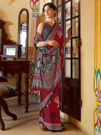 Saree mall modal Ajrak Block Poly Crepe Bagru SareesWith Blouse Piece