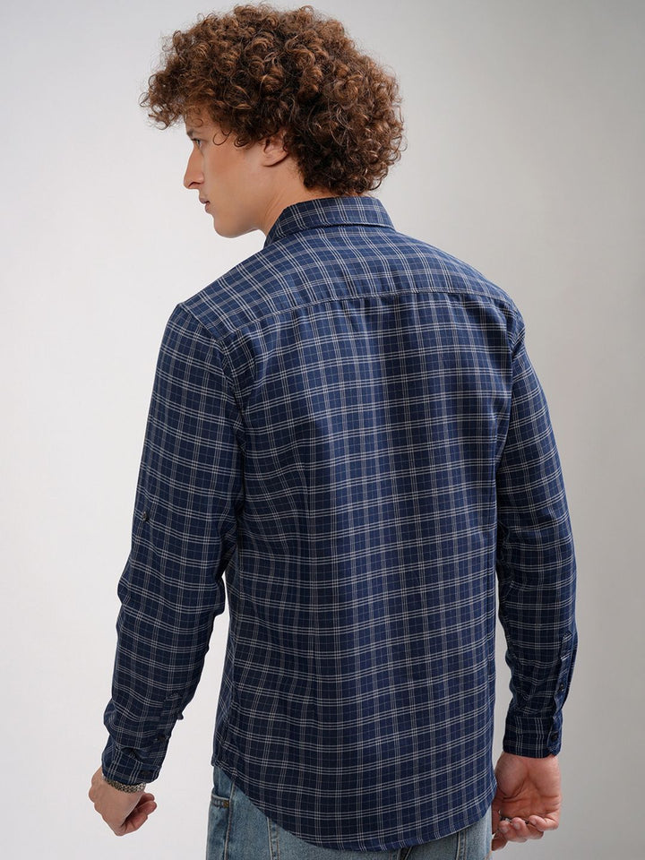 HIGHLANDER Men Blue & White Slim Fit Checked Casual Shirt