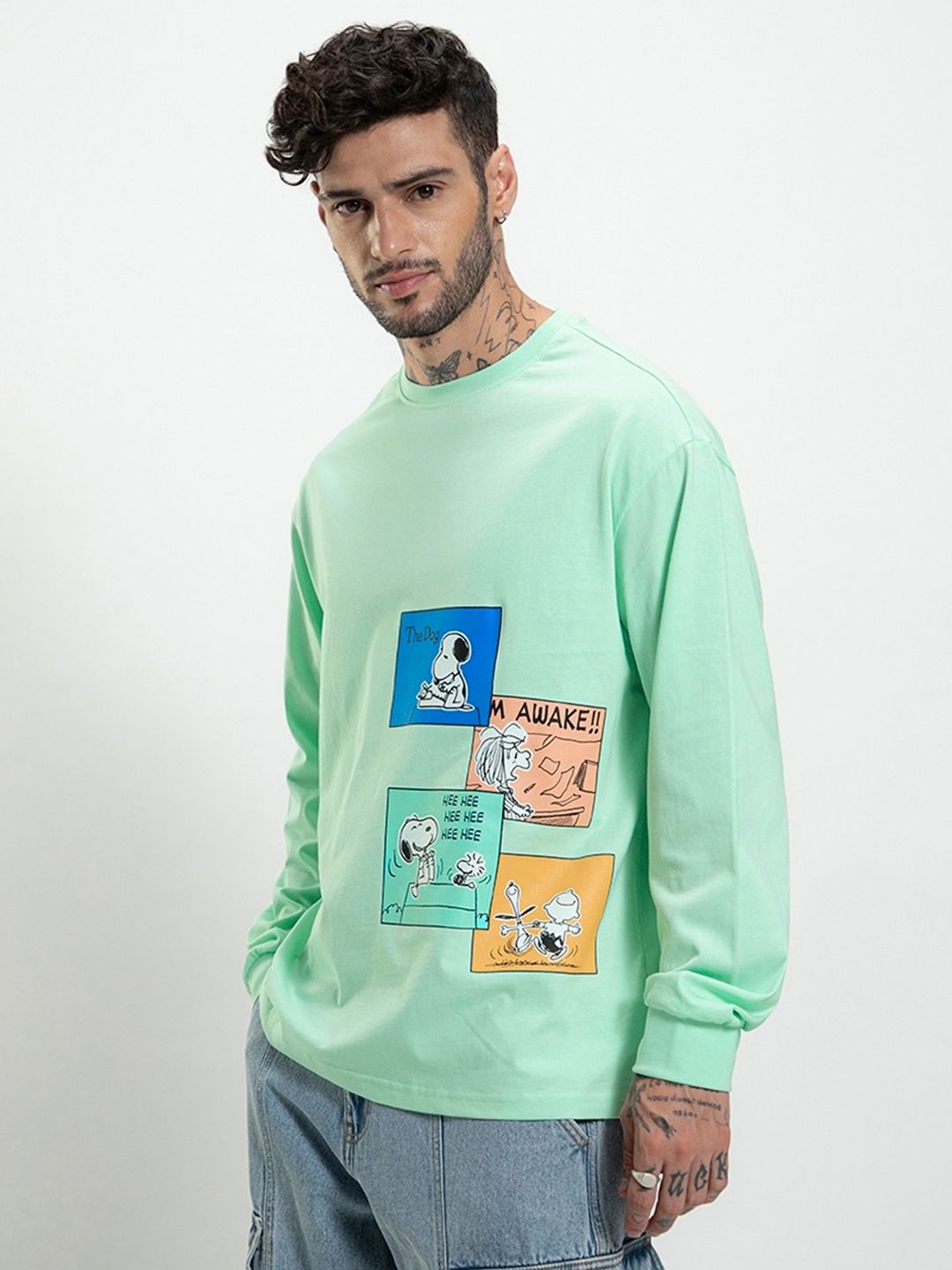 Bewakoof Official Peanuts Merchandise Snoopy Stripboard Printed Cotton Oversized T-shirt