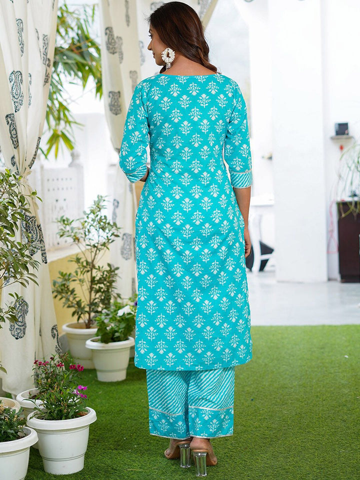 Kalini Floral Printed Lace Detail Kurta Kapas Murni Dengan Seluar & Dupatta