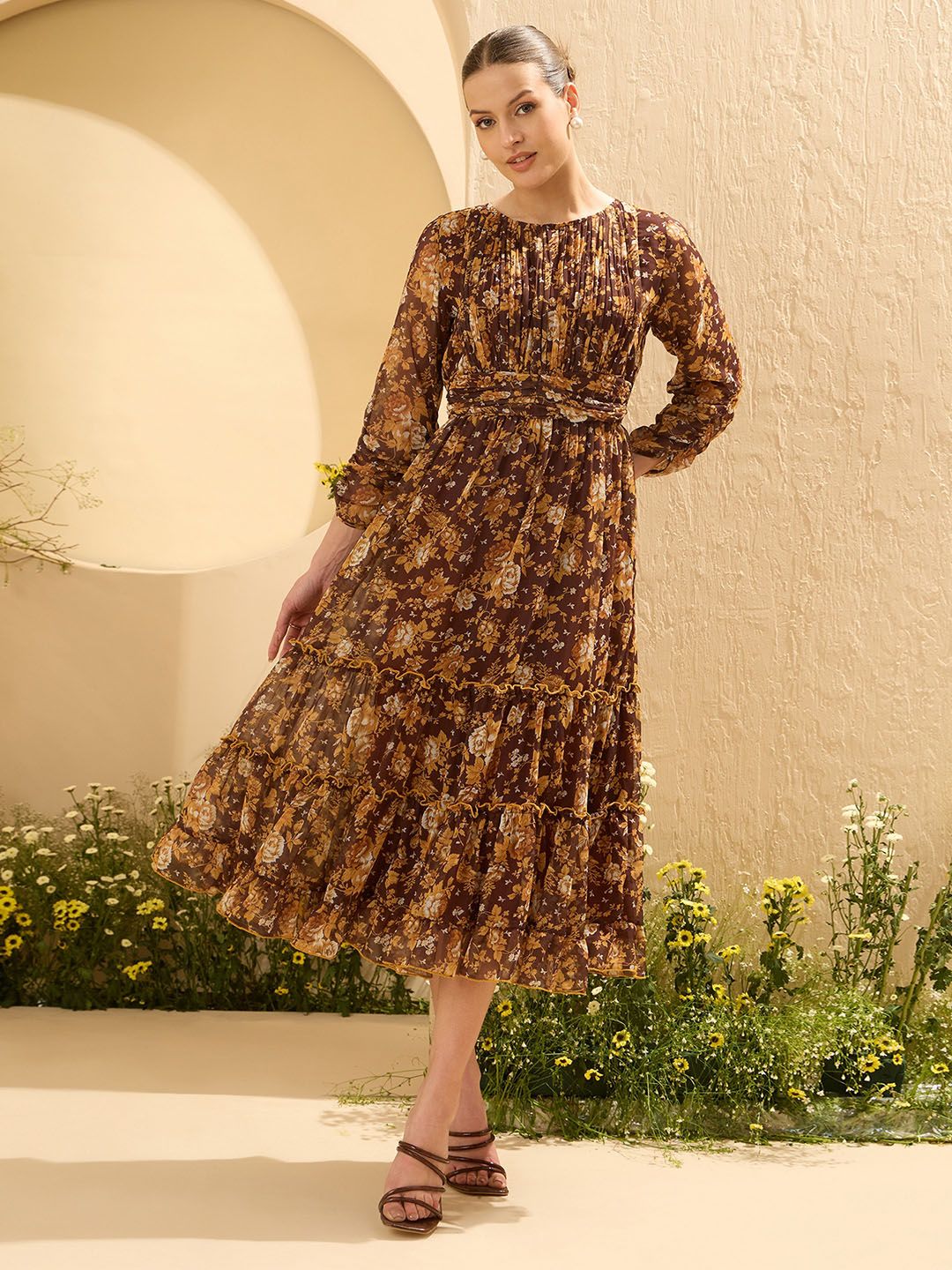 Antheaa Floral Printed Tiered Fit and Flare Midi Dress