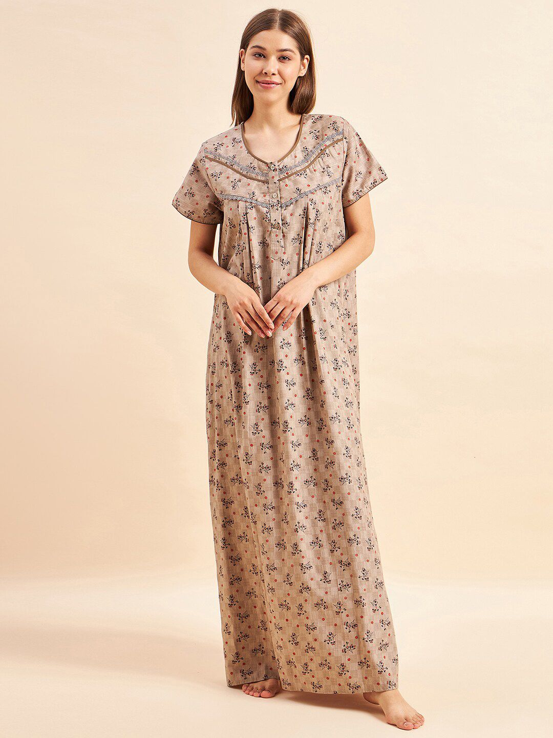 Sweet Dreams Brown Floral Printed Pure Cotton Maxi Nightdress