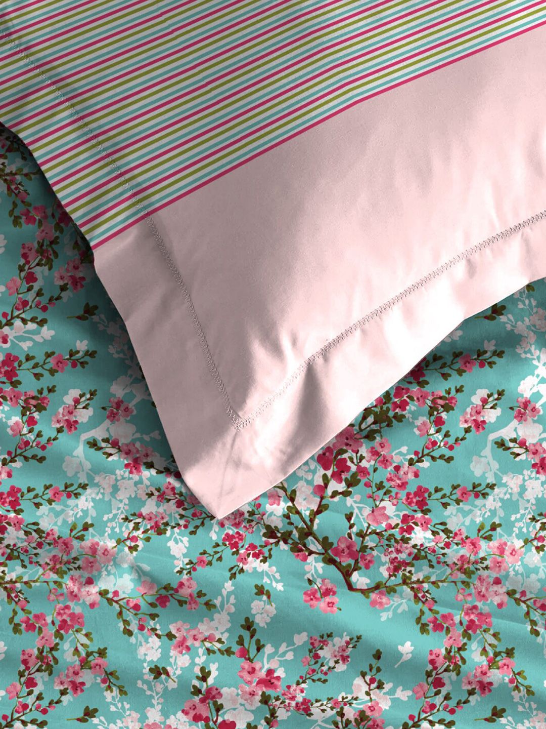 MYTRIDENT Turquoise Blue  Pink Floral Pure Cotton 144 TC Queen Bedsheet  2 Pillow Covers