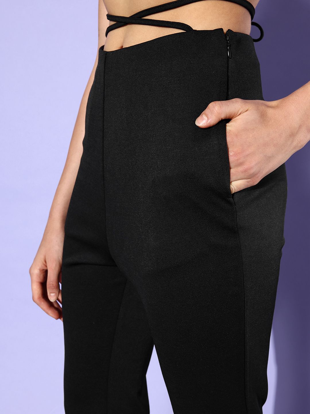 Dressberry Women Jet Black Waist Tie-Up Detail Hardware Trousers