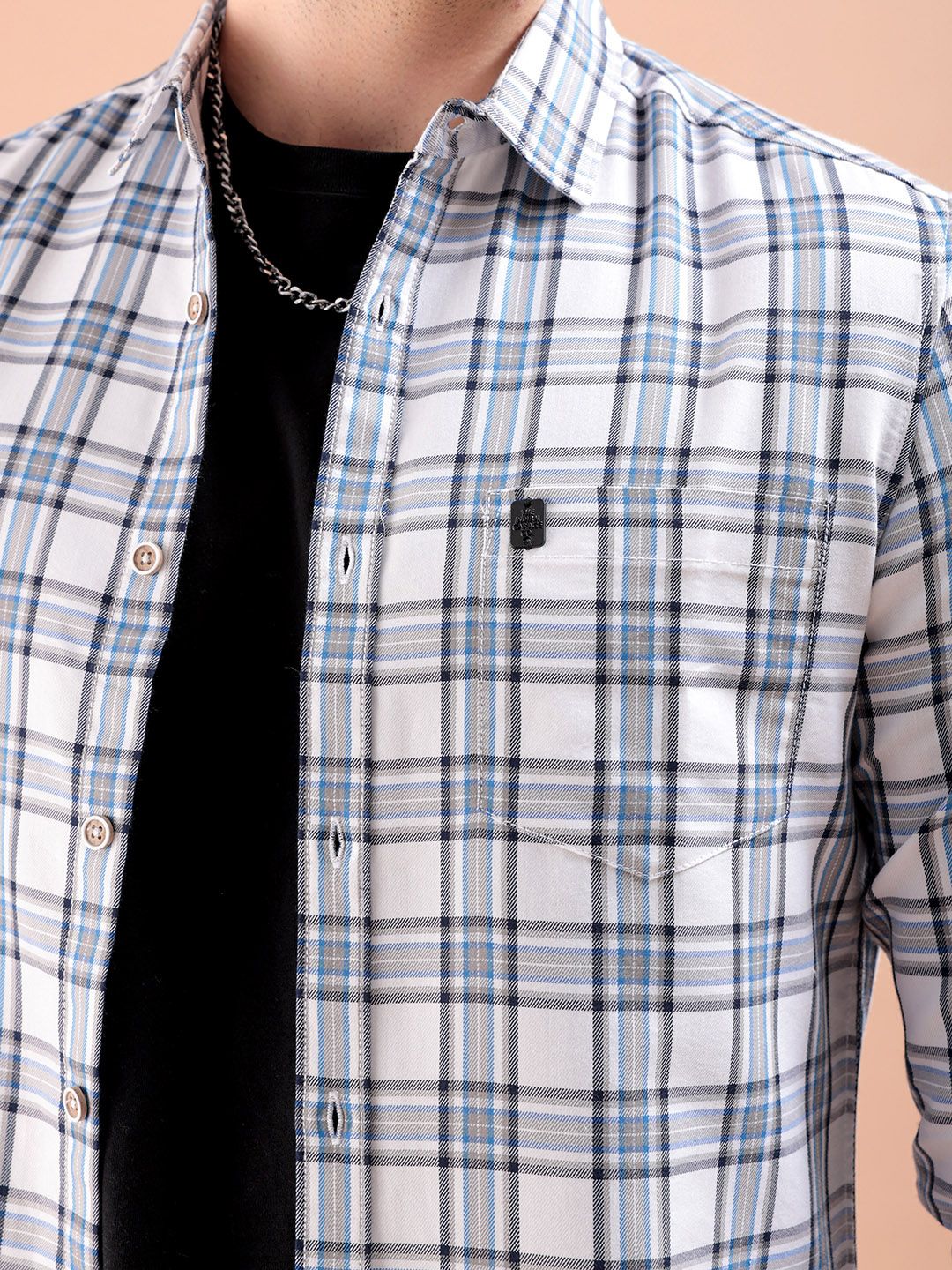 The Indian Garage Co Men White & Blue Gingham Checked Pure Cotton Casual Shirt