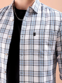 The Indian Garage Co Men White & Blue Gingham Checked Pure Cotton Casual Shirt