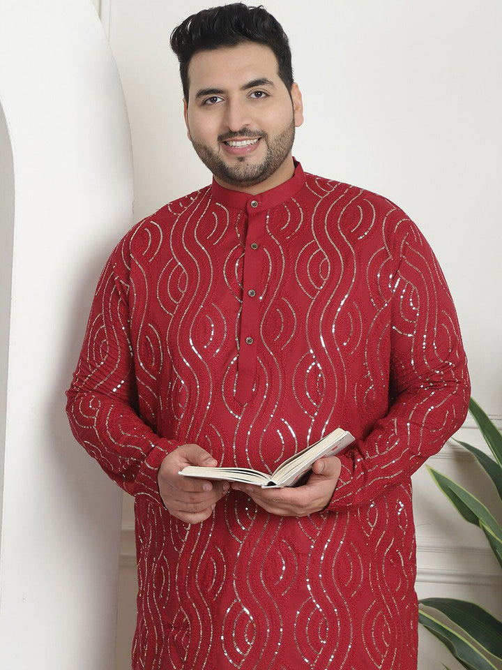 SOJANYA PLUS PLus Size Ethnic Motifs Embroidered Band Collar Long Sleeves Straight Kurta