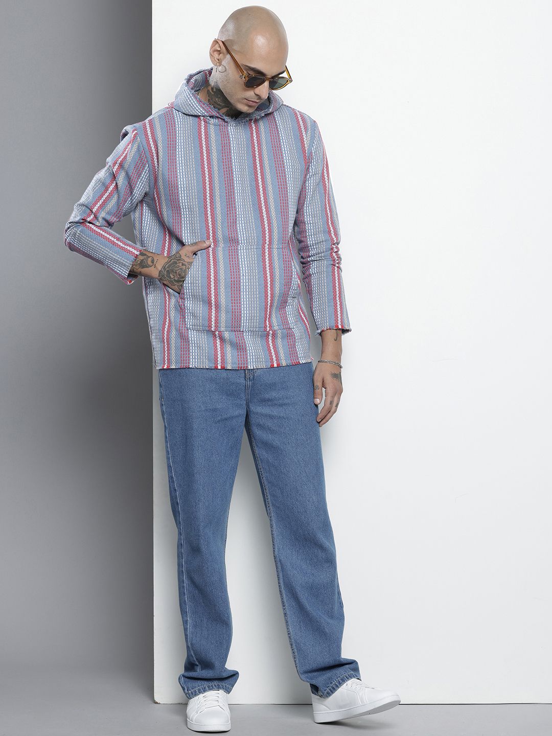 The Indian Garage Co Self Striped Hooded Pure Cotton Sweatshirt