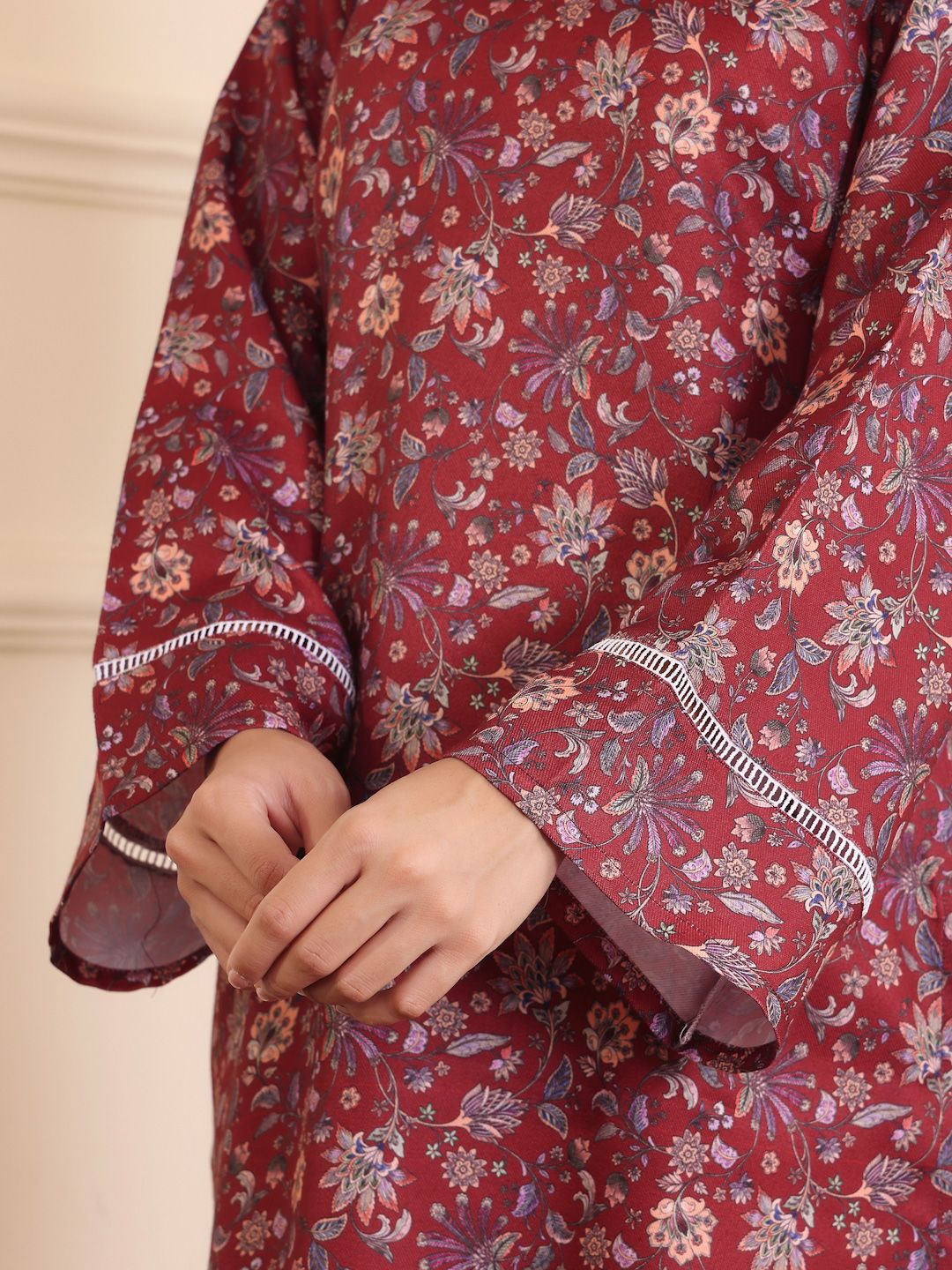 Varanga Floral Printed Shirt Collar Flared Sleeves Casual Tunic With Trousers
