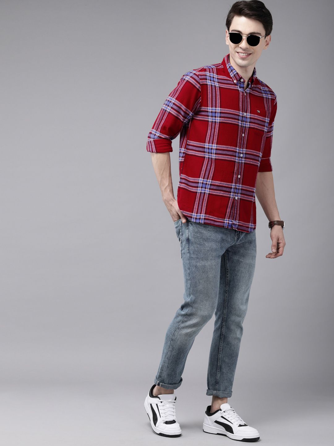THE BEAR HOUSE Men Red Slim Fit Windowpane Checks Opaque Checked Casual Shirt