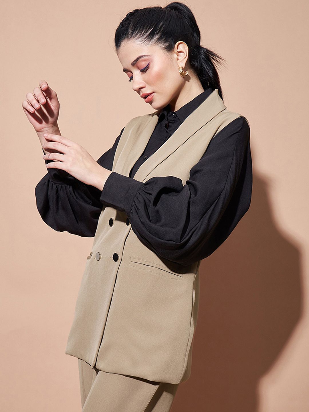 SASSAFRAS BASICS Comfort-Fit Shawl Collar Double-Breasted Longline Casual Blazer