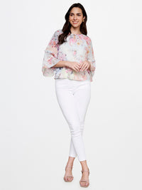 AND Floral Printed Tie-Up Neck Bell Sleeves Top