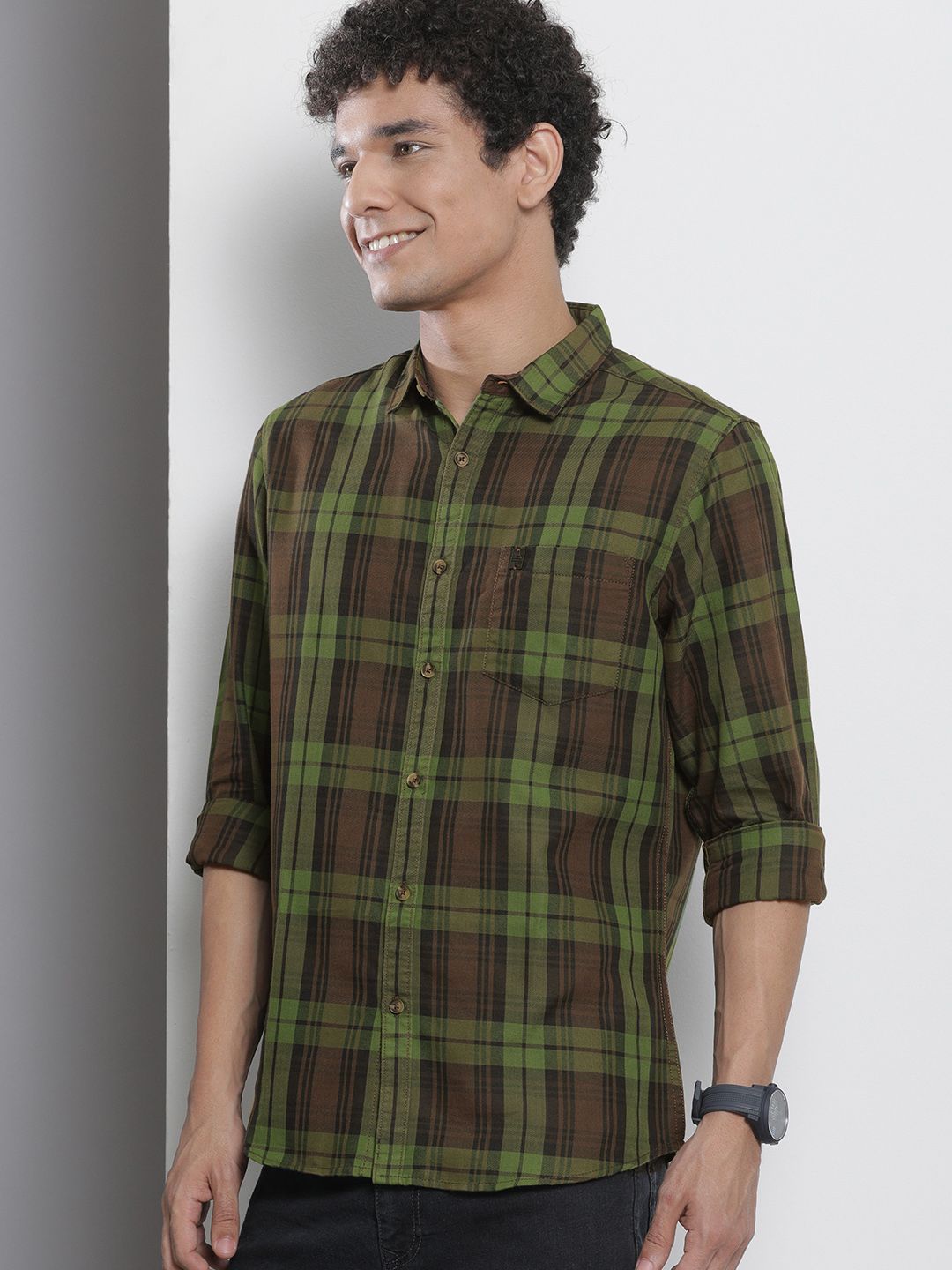 The Indian Garage Co Men Brown & Green Checked Pure Cotton Casual Shirt