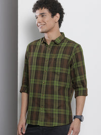 The Indian Garage Co Men Brown & Green Checked Pure Cotton Casual Shirt