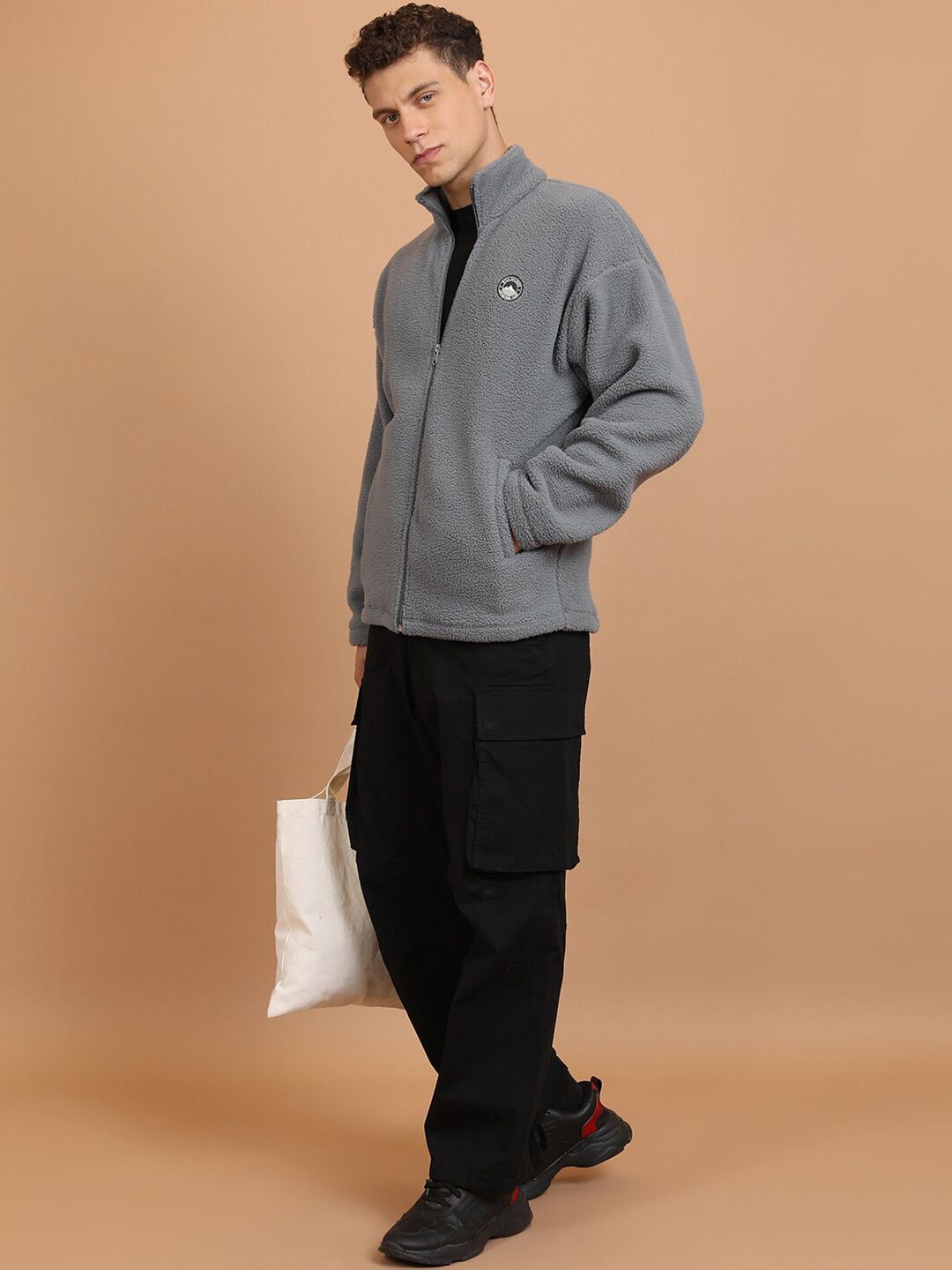 HIGHLANDER Grey Mock Collar Drop Shoulder Sleeves Oversized Front-Open Sweatshirt